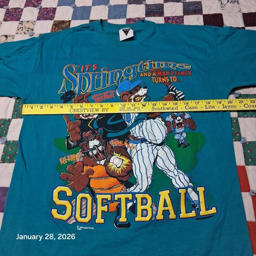 Vintage Softball Cartoon Graphic T Shirt Blue‎ Size Large 1993 Single Stitch